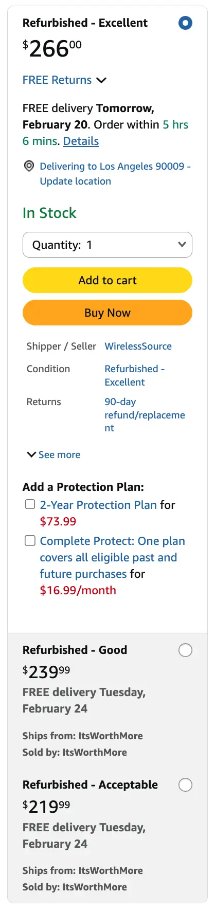 Purchase Options overview for a refurbished item