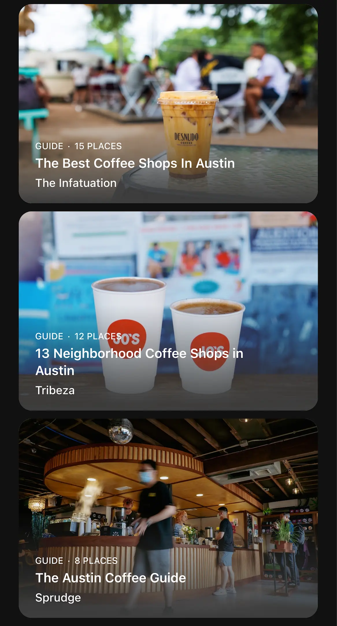Example guide results with q: Coffee, and Austin, TX, US as a location