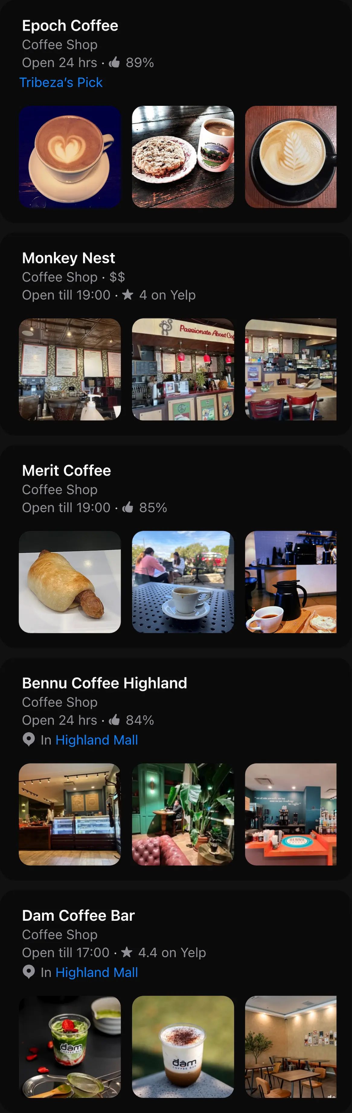 Example local results with q: Coffee, and Austin, TX, US as a location