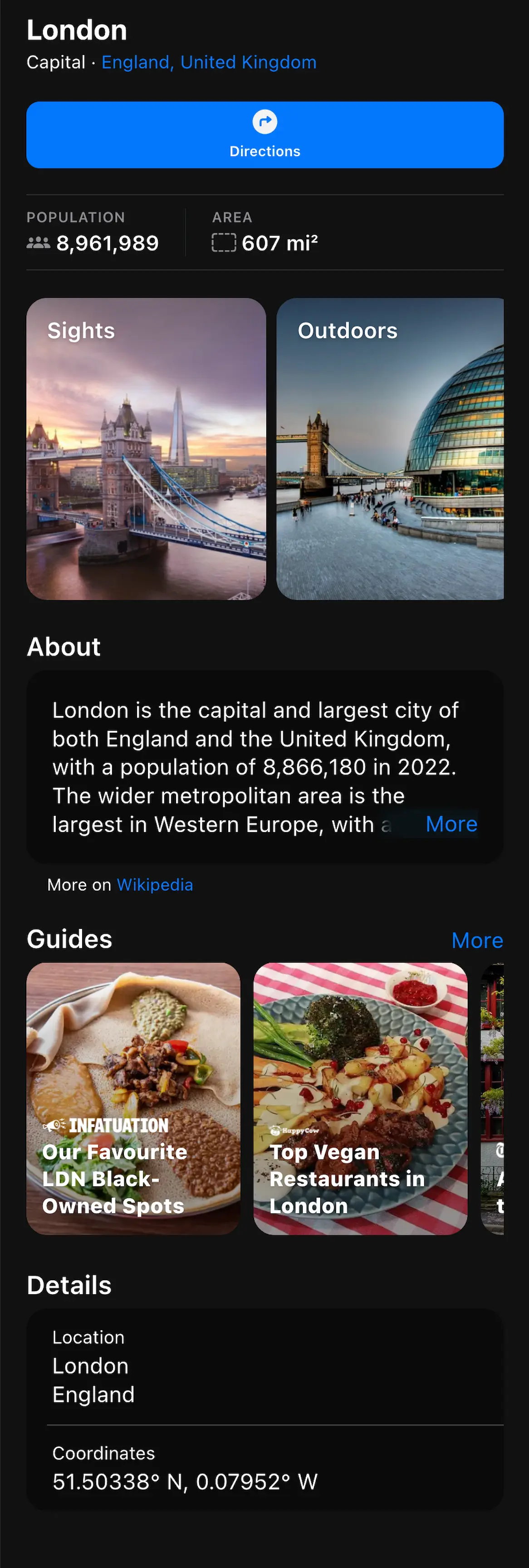 Example place results with muid: 18366846785603624515 for London.