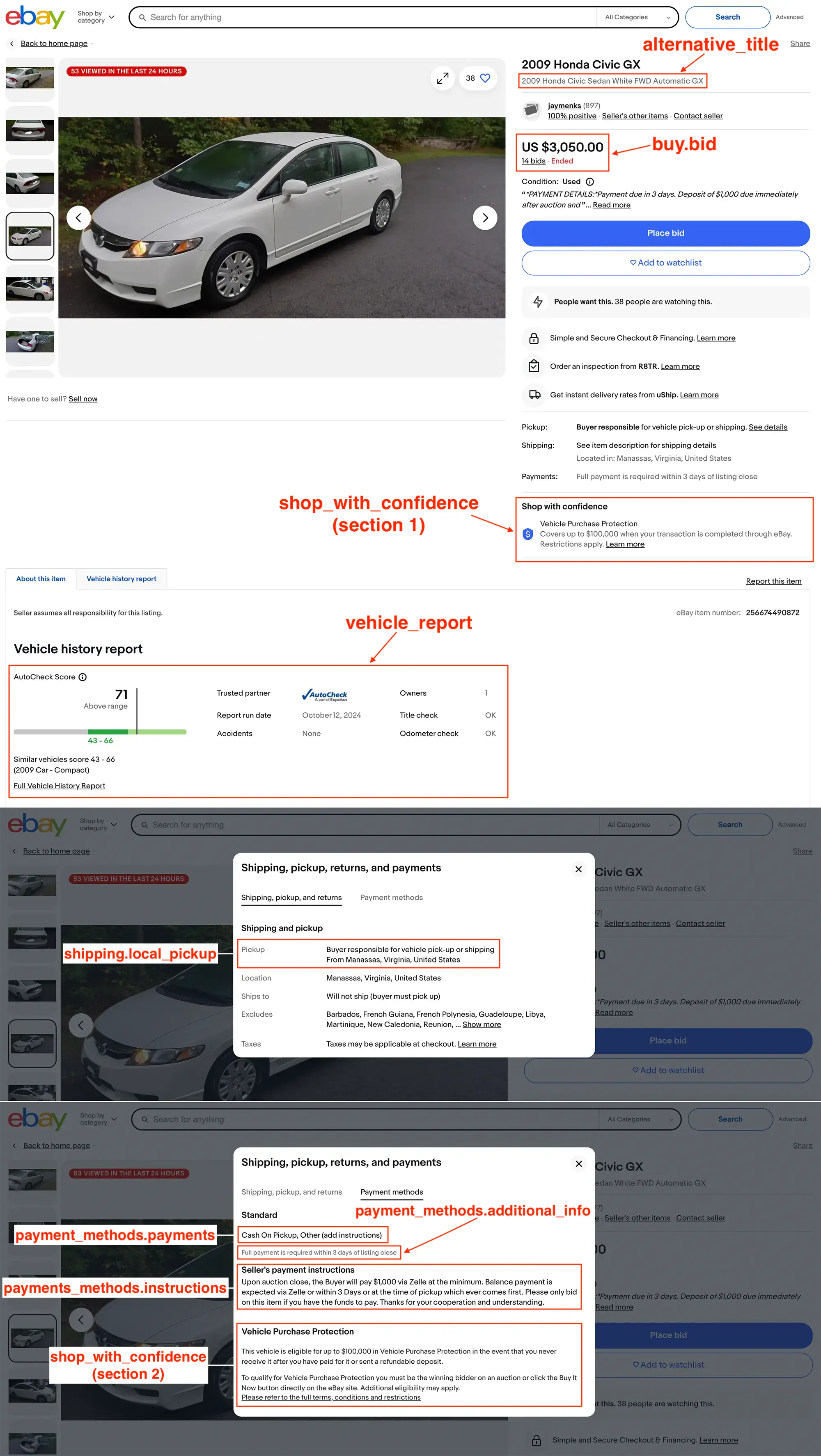 Example for product with vehicle report and seller payment instructions