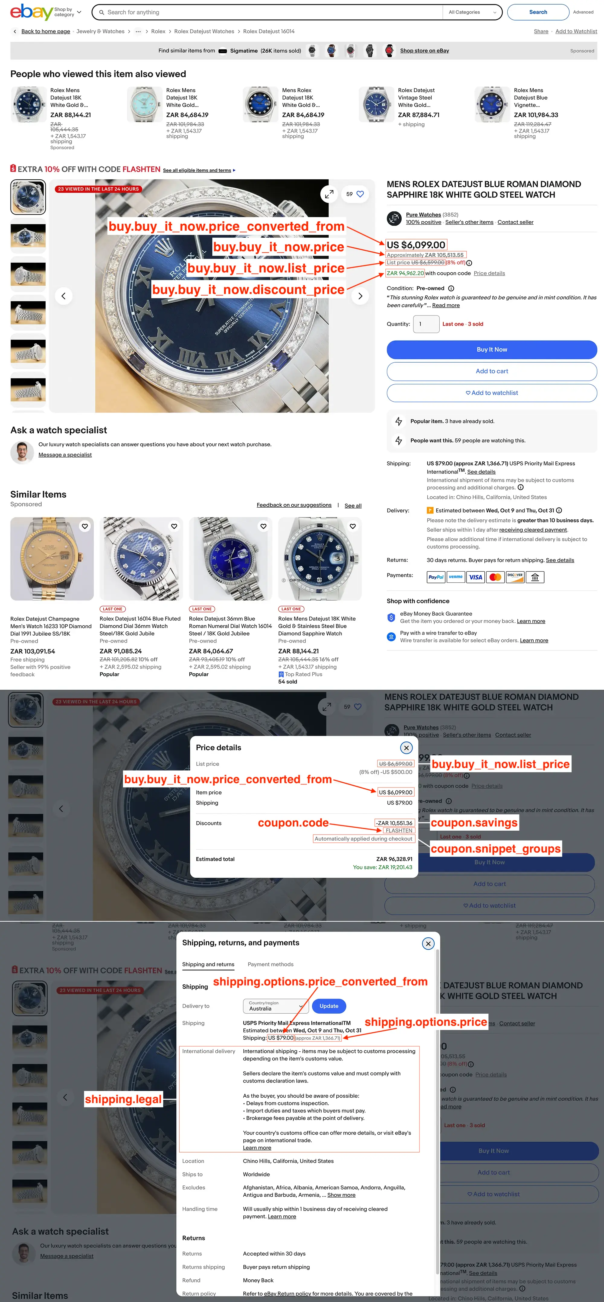 Example for product with coupon code, lowered price, price conversion and shipping to other country