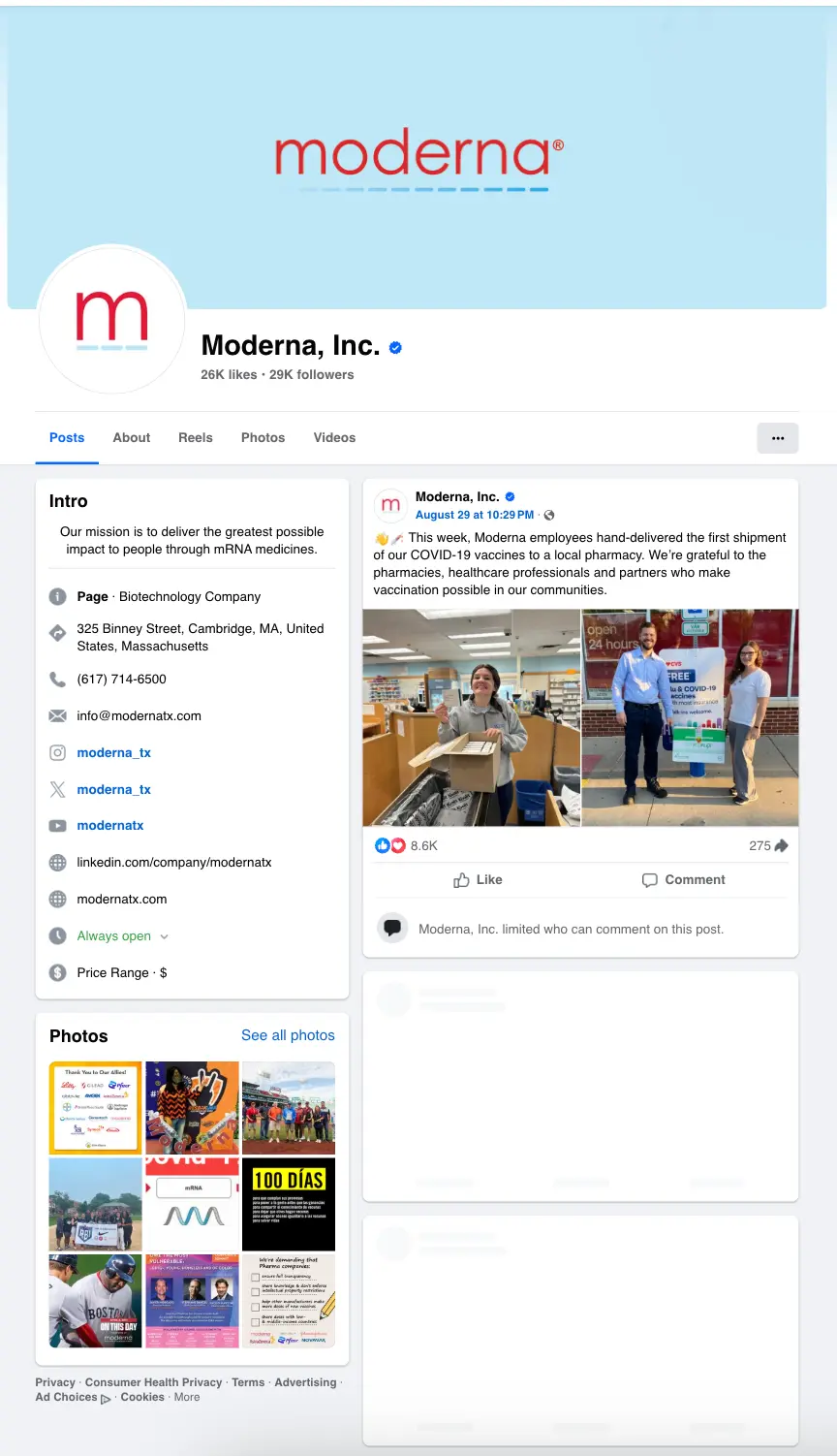Facebook Profile results for profile_id: Modernatx (Page profile)