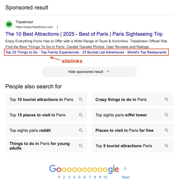 Results for: top sights paris with inline sitelinks