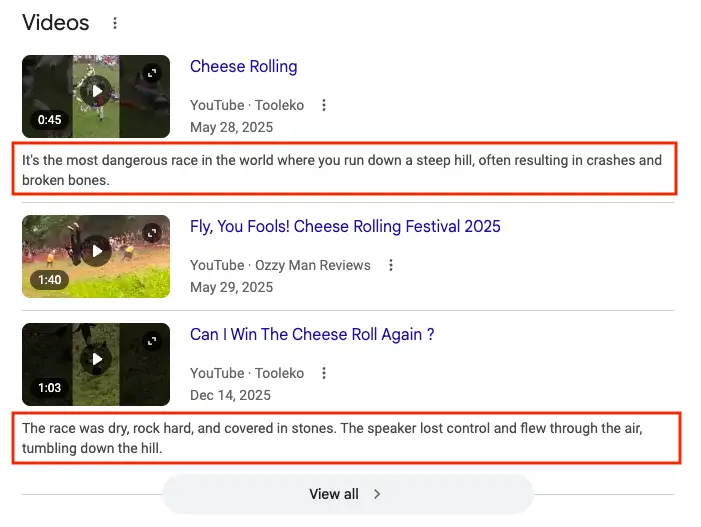 Results with snippets and short clips for: cheese rolling