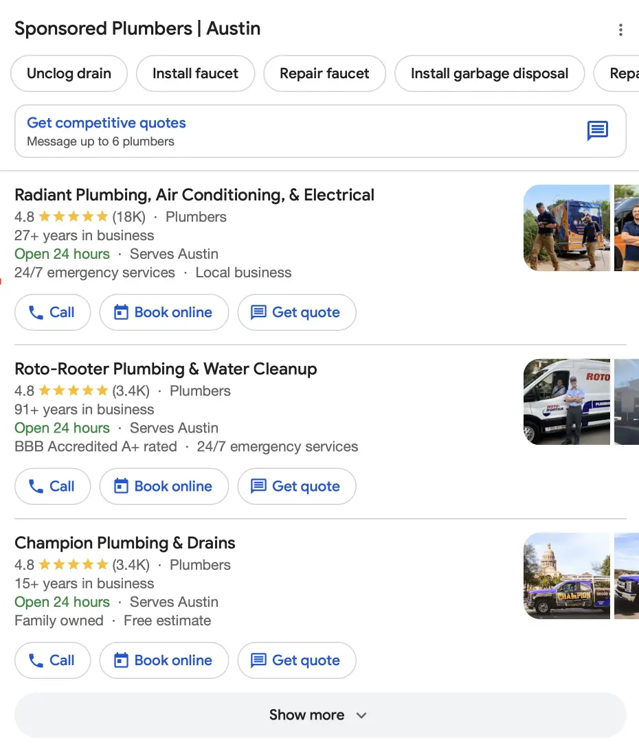 Mobile results for: q: plumber near me, hl: en, gl: us, device: mobile