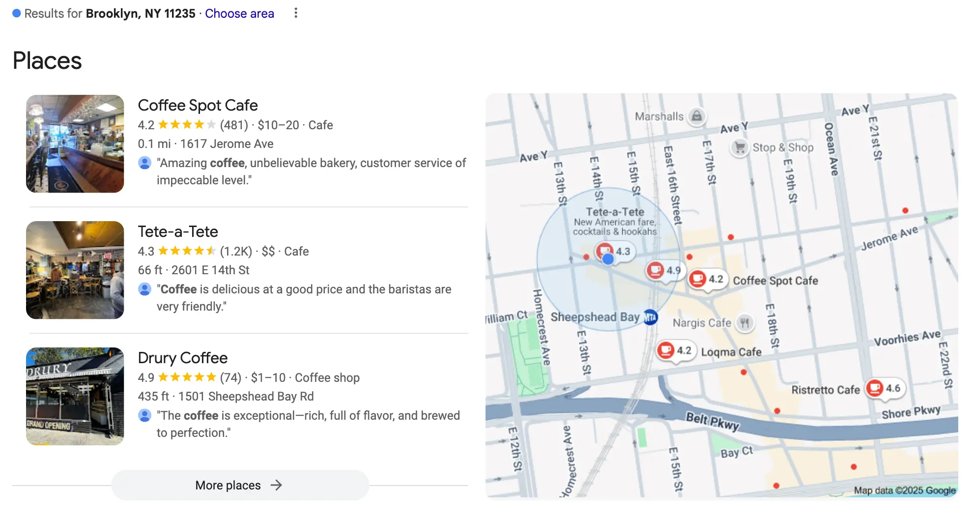 Results for cafes nearby with New York coordinates and the radius
