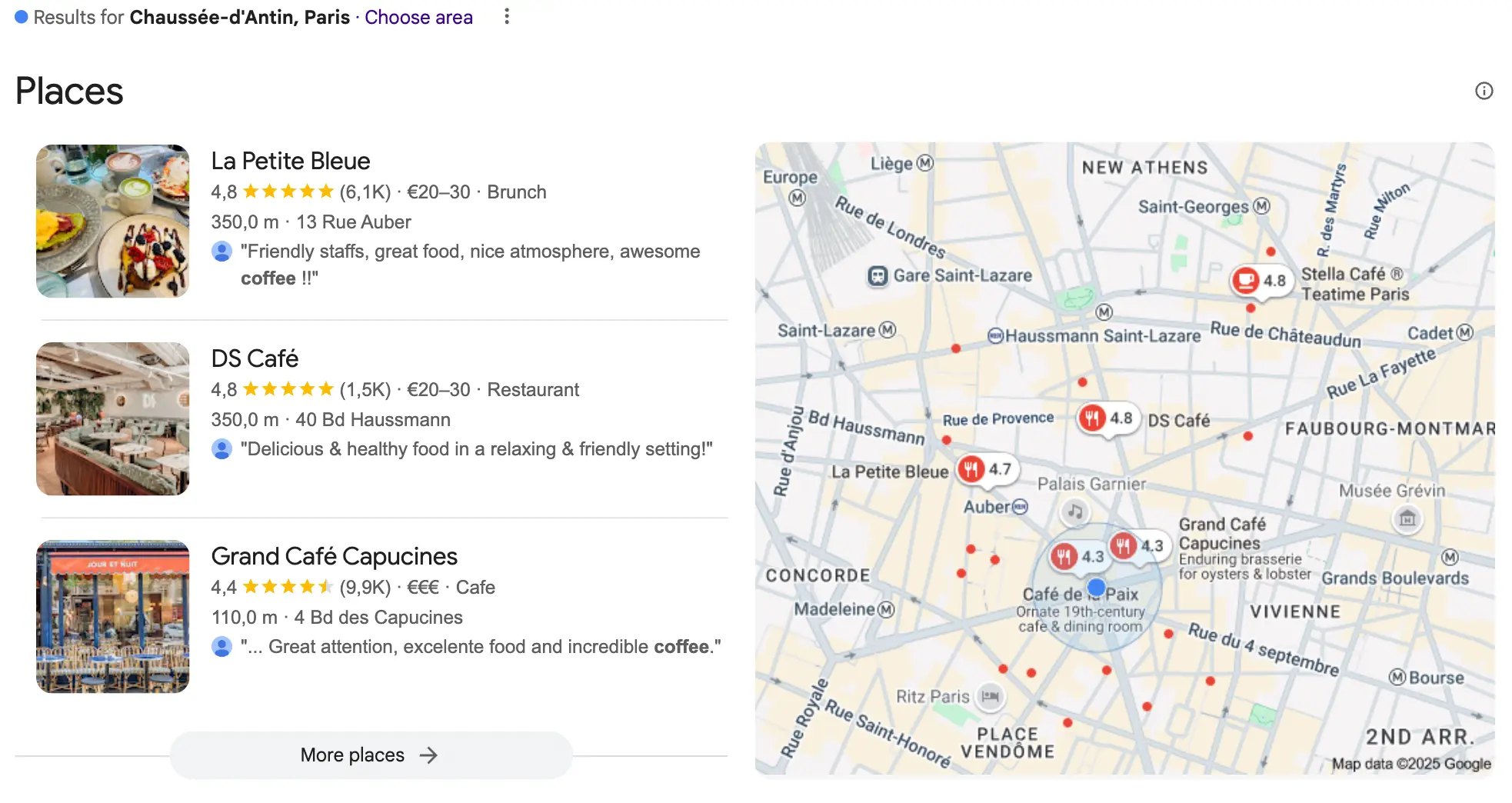 Results for cafes nearby with Paris coordinates and the radius