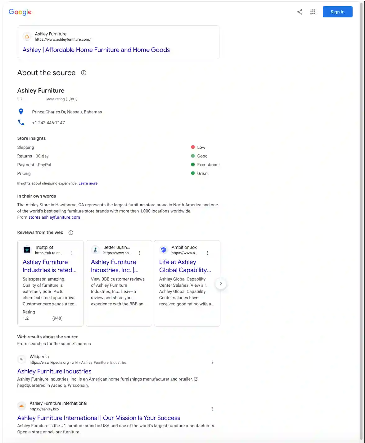 Example with q: About https://www.ashleyfurniture.com/  Deprecated page layout.
