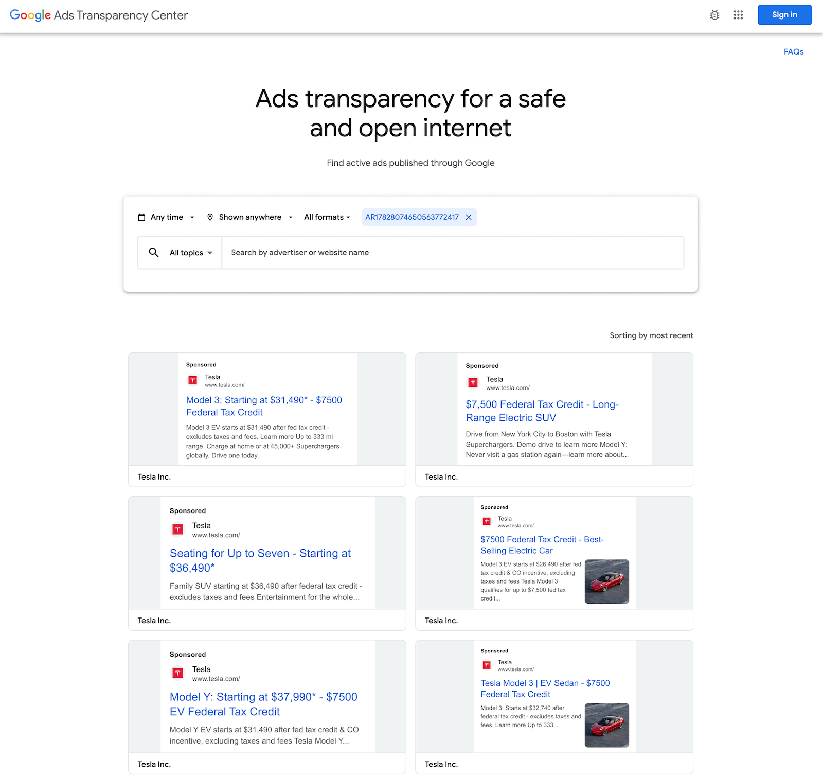 Example with advertiser_id: AR17828074650563772417 (Tesla Inc.) and get_advertiser: true