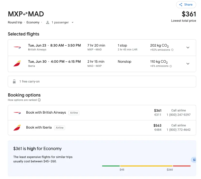 Example pinning an itinerary by flight number (round-trip with layover)