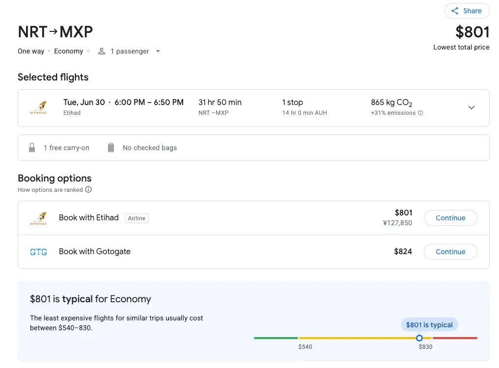 Example with an overnight layover (one-way, per-segment dates)