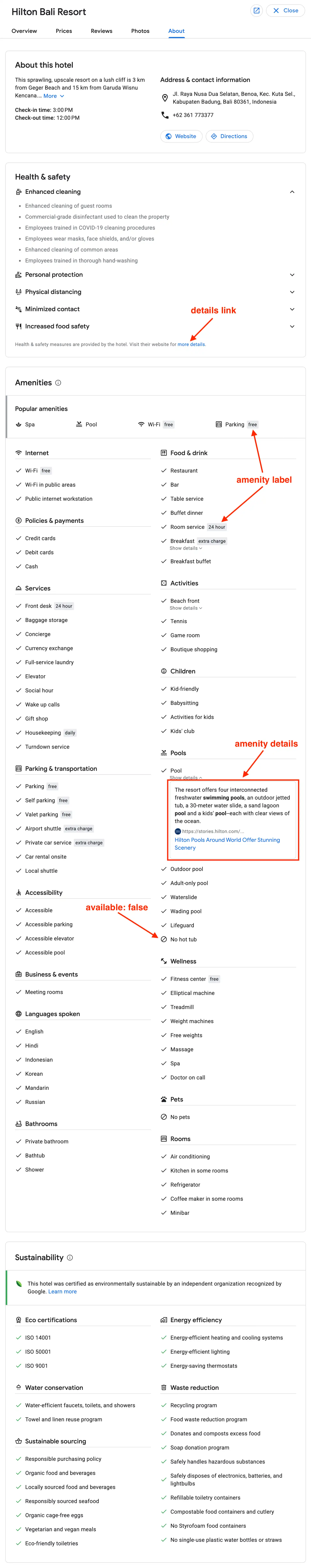 Example of the detailed amenities from About tab