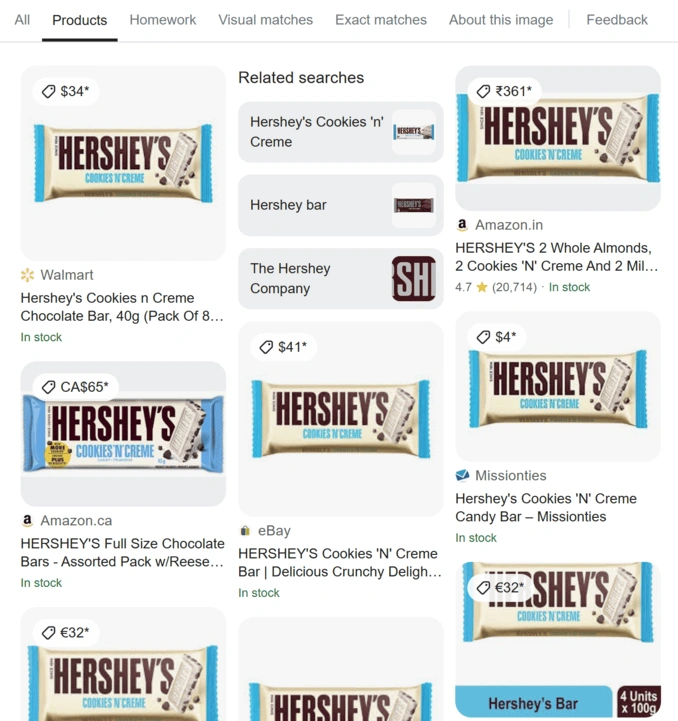 Example with Hershey's Chocolate, type: products