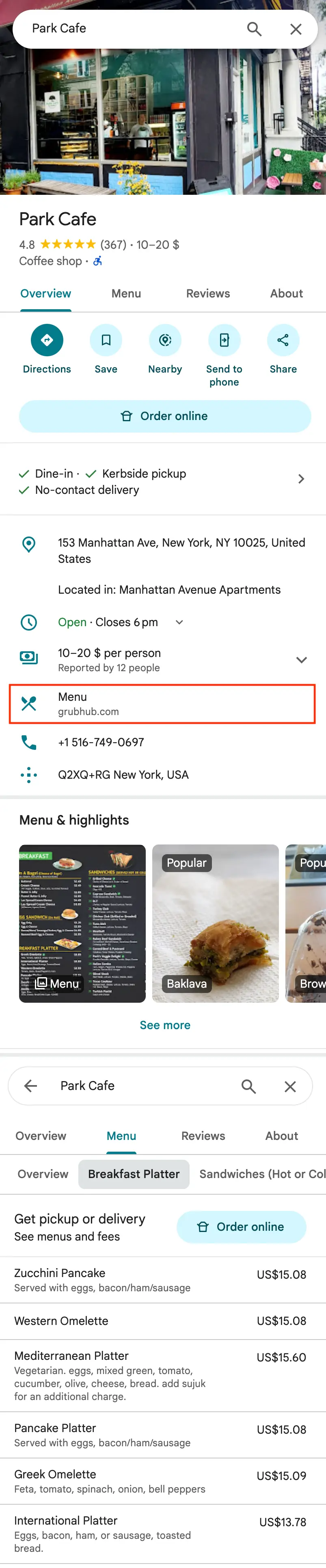 Example of menu