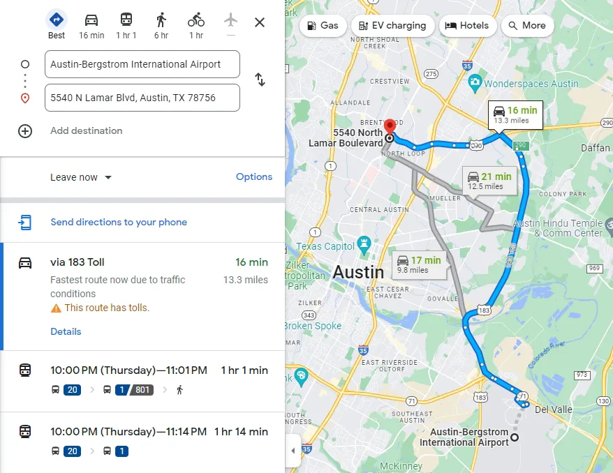 Example with typical directions and transit directions