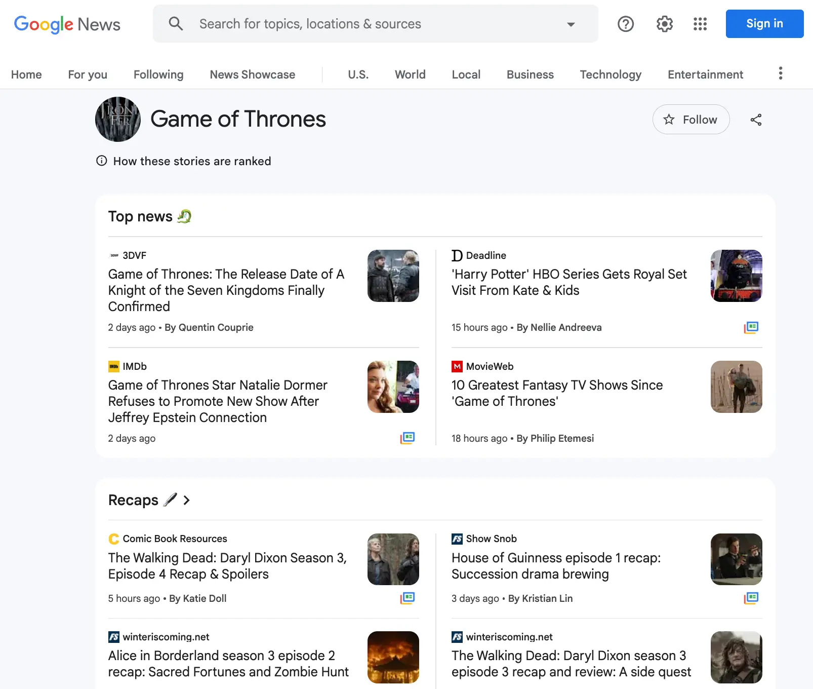 Example with  kgmid: /m/0524b41 (Topic: Game of Thrones)