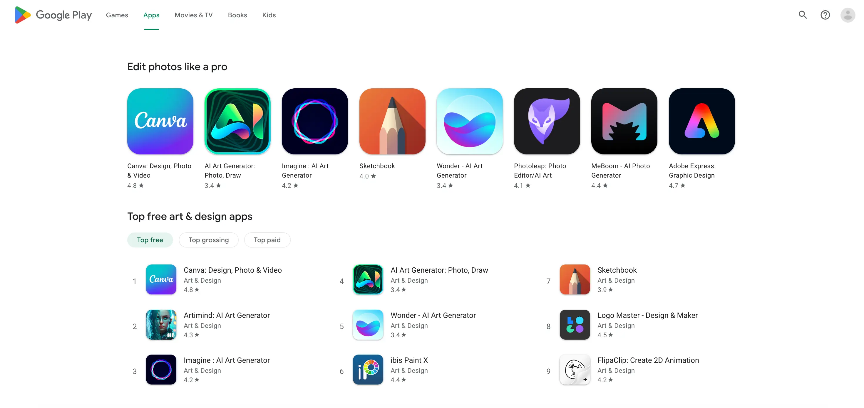 Rows Type Organic results overview for Google Play with apps_category(Category Search)