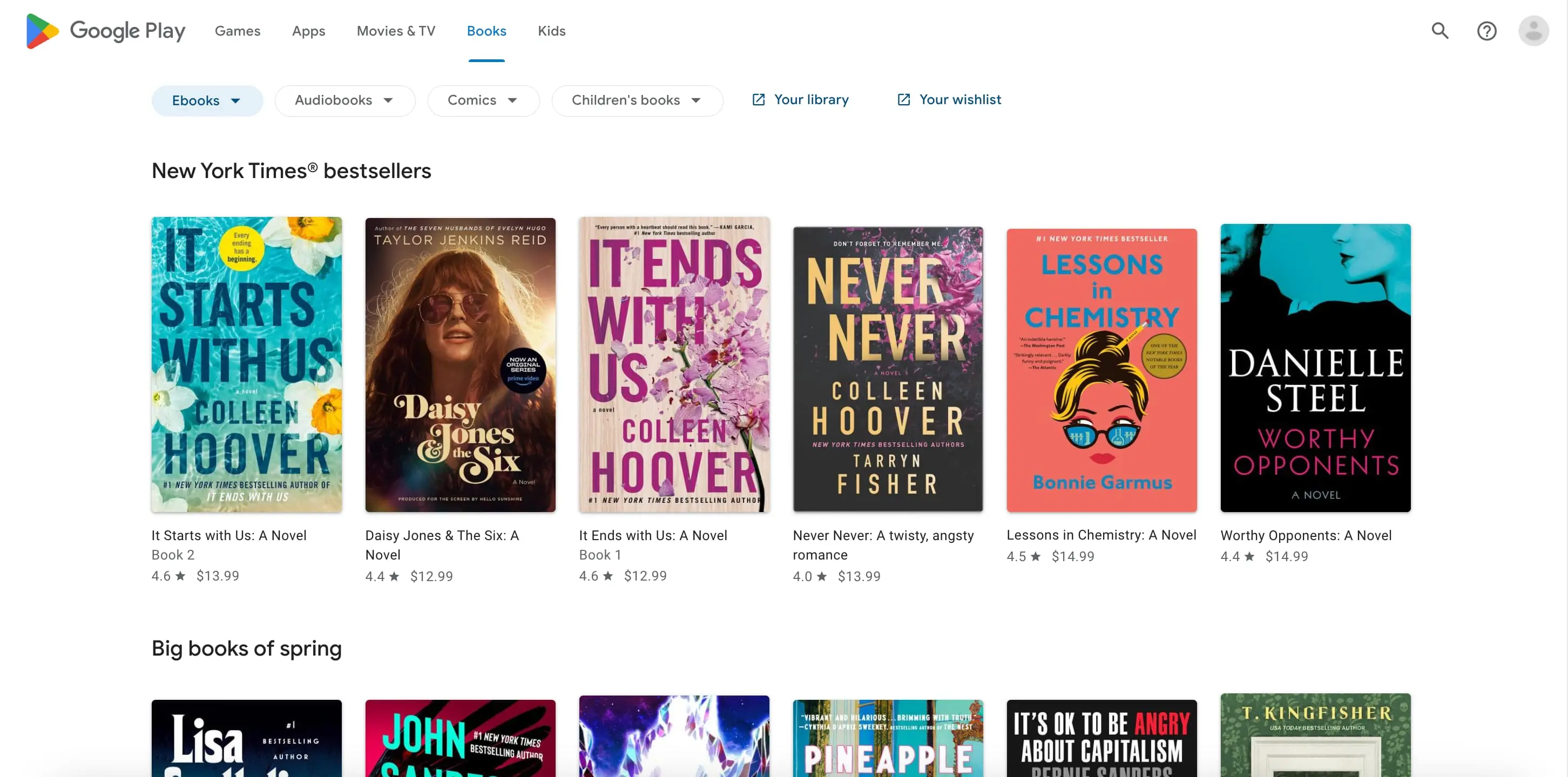 Rows Type Organic results overview for Google Play Books (Plain Search)