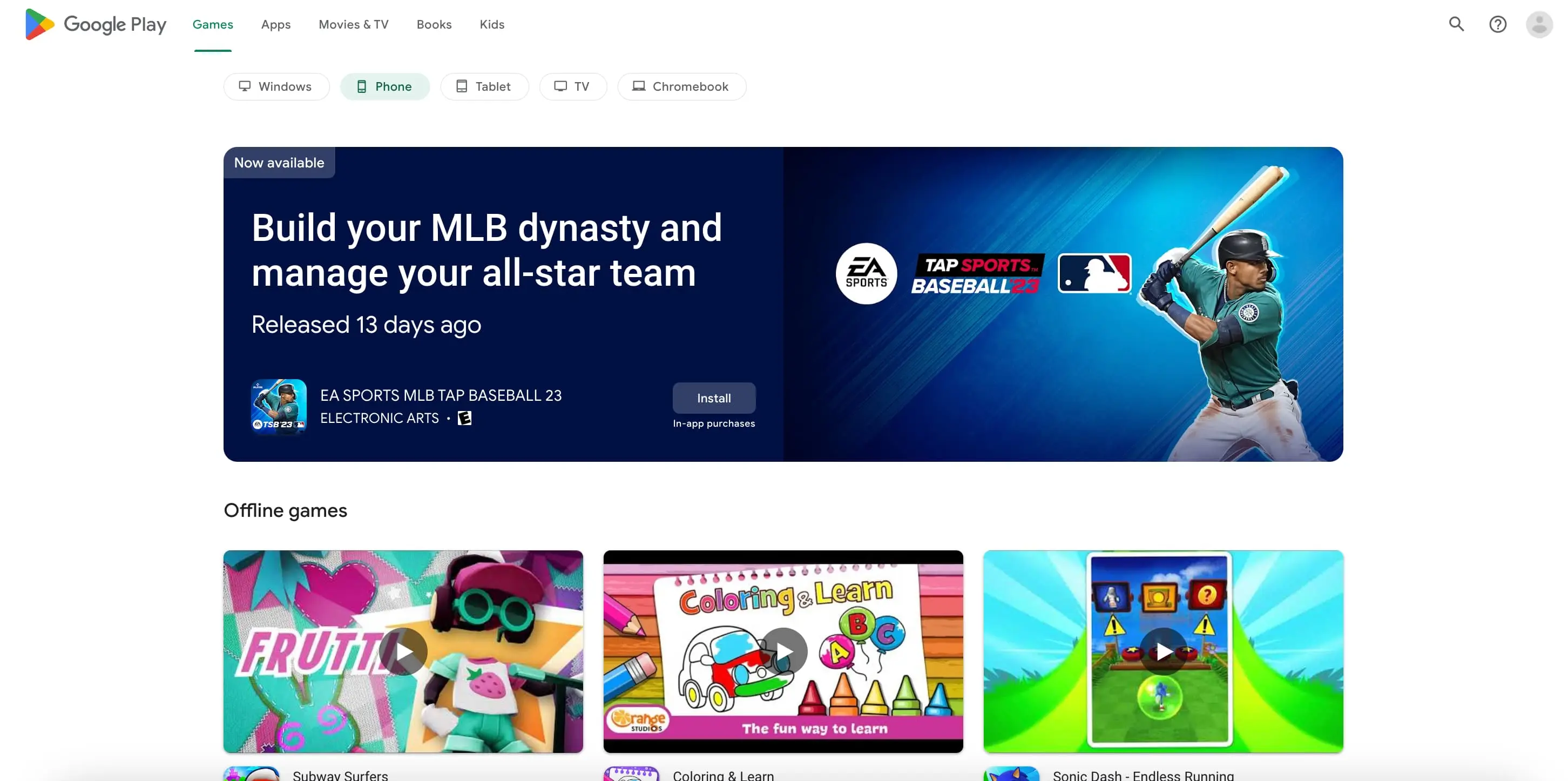 Rows Type Organic results overview for Google Play Games (Plain Search)