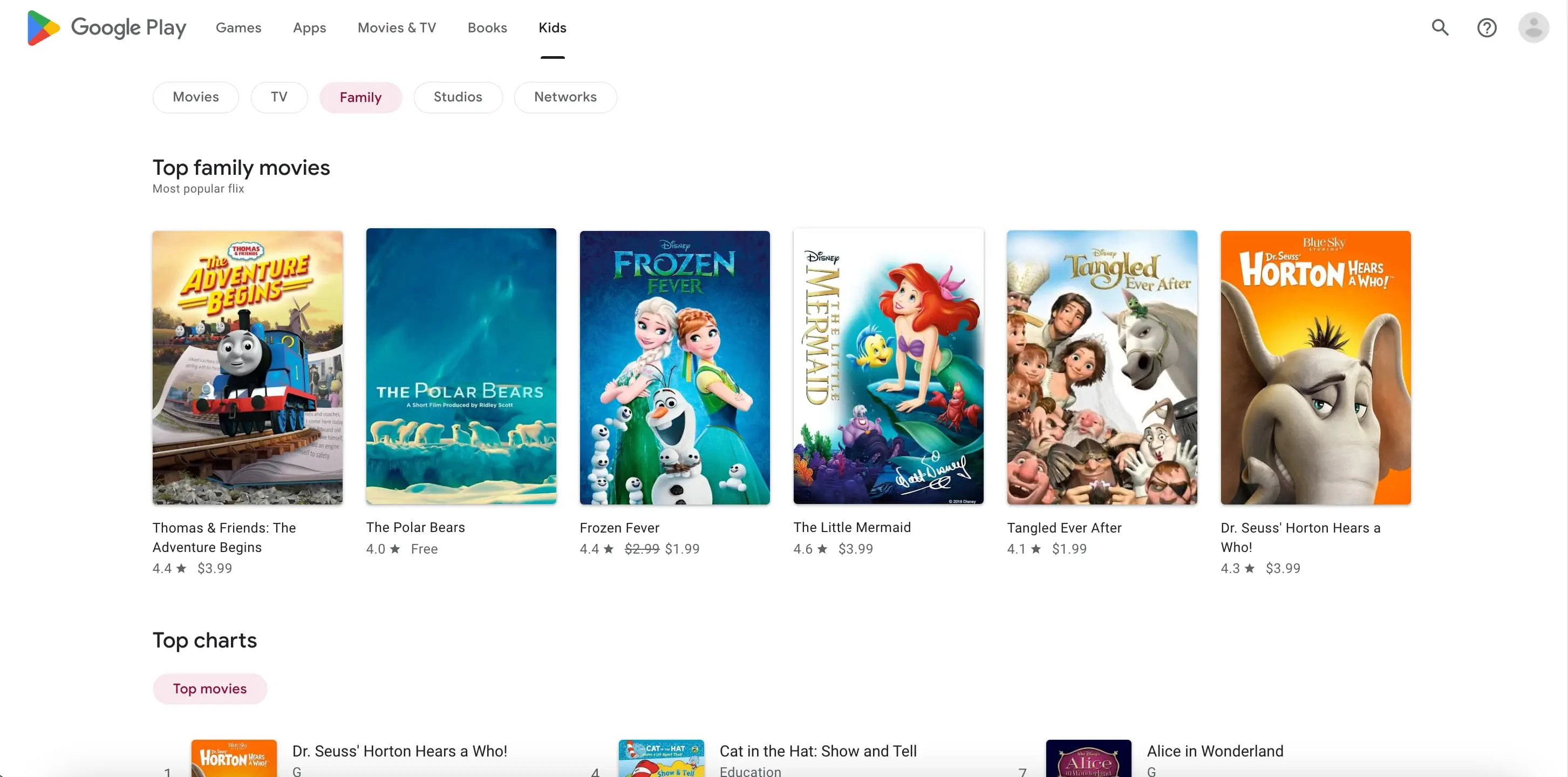 Rows Type Organic results overview for Google Play Movies with movies_category, and age(Category Search)