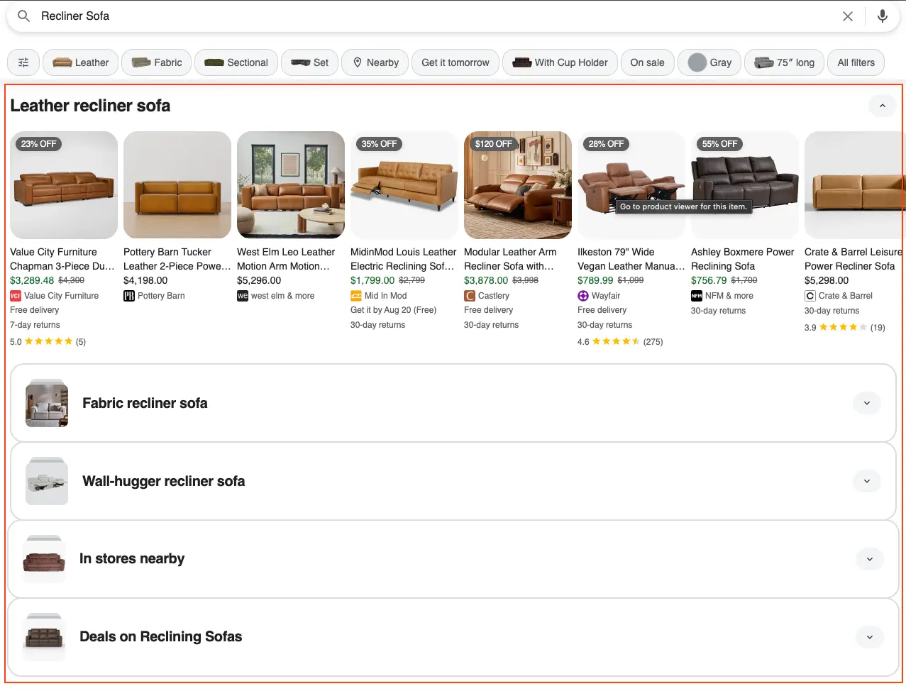 Results for: device: tablet, and q: Recliner Sofa