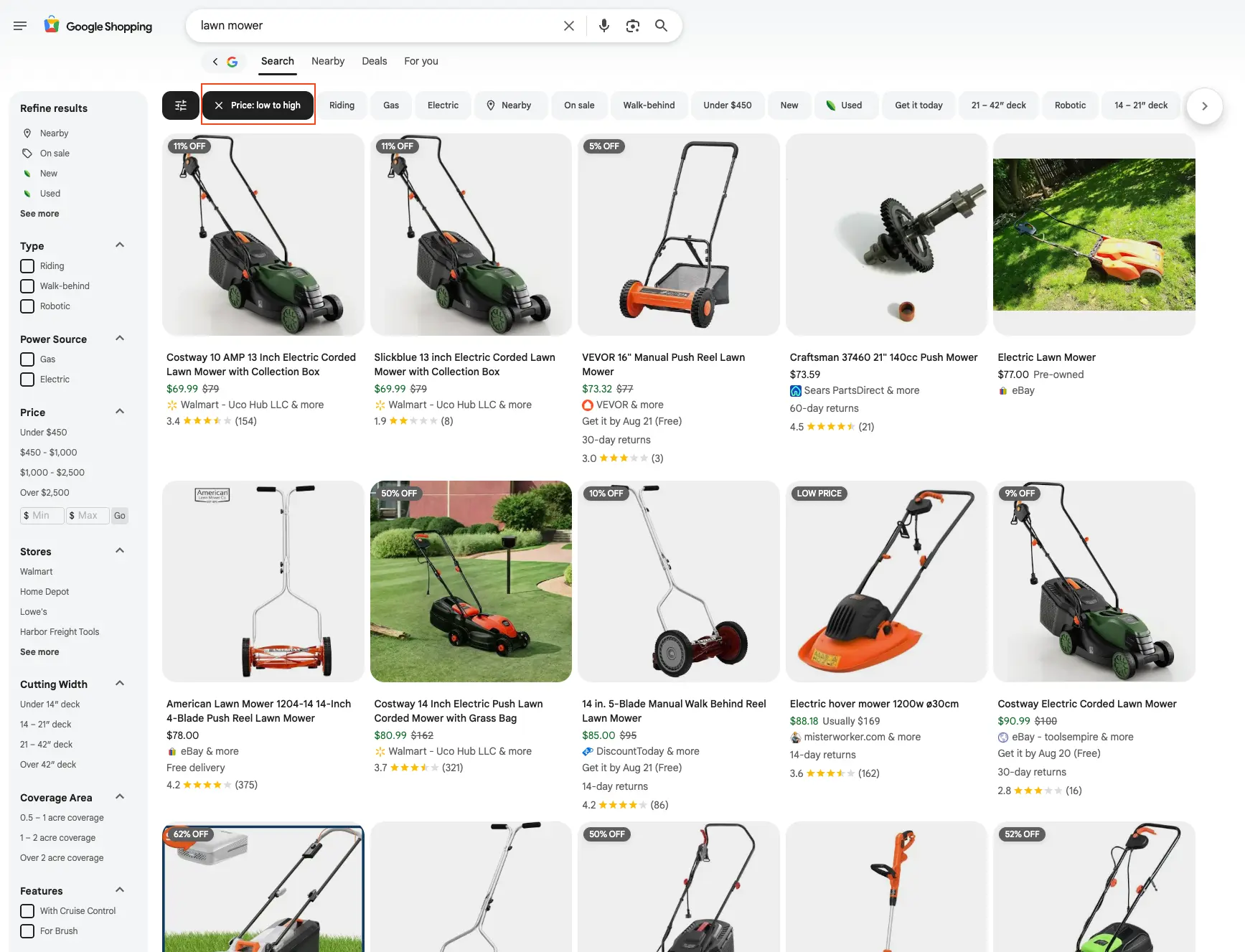 Results with  shoprs  filter of `Price: low to high`