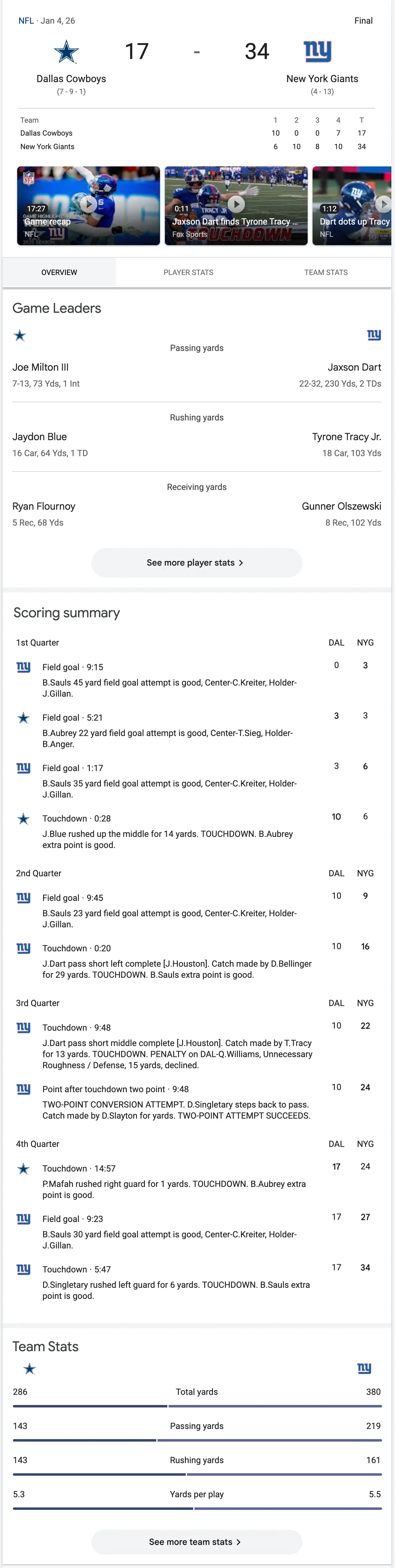 Example of an American football game - Overview tab