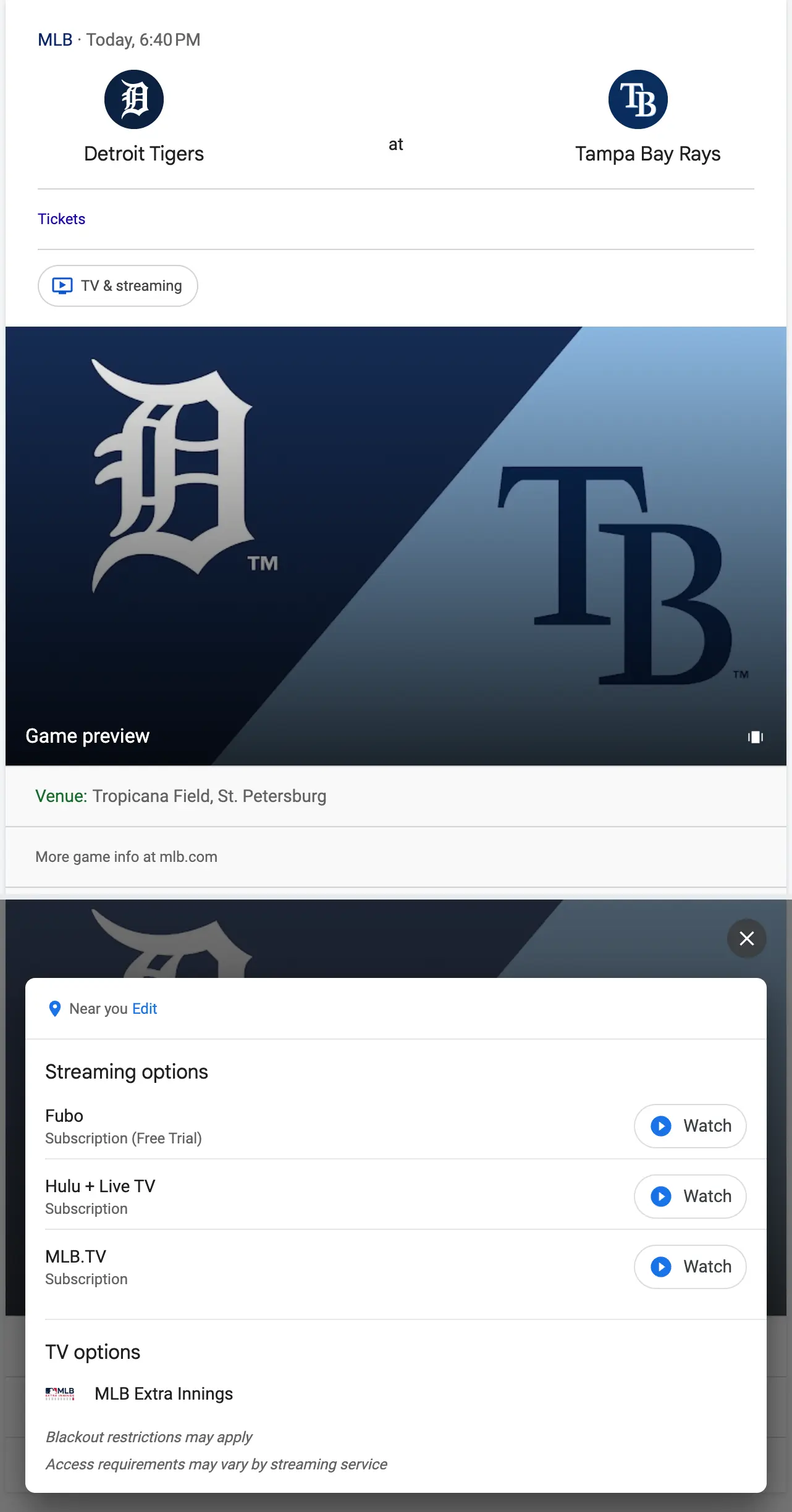 Example of a upcoming baseball game