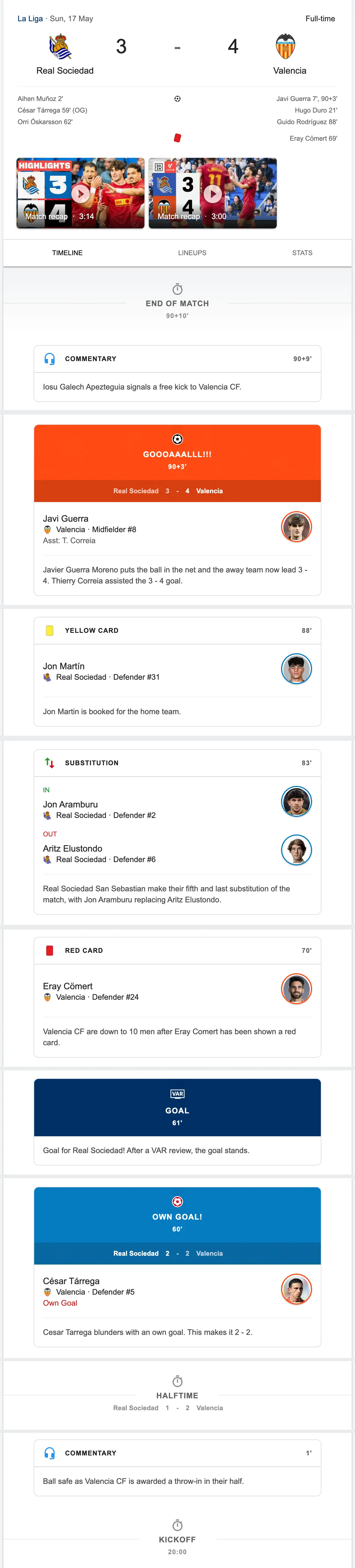 Example of a football game timeline events