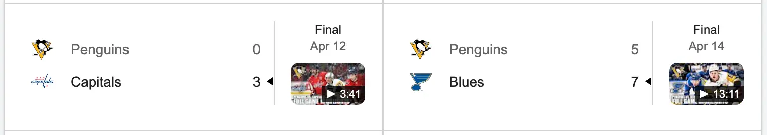 Example of the ice hockey team games with the extended team season record