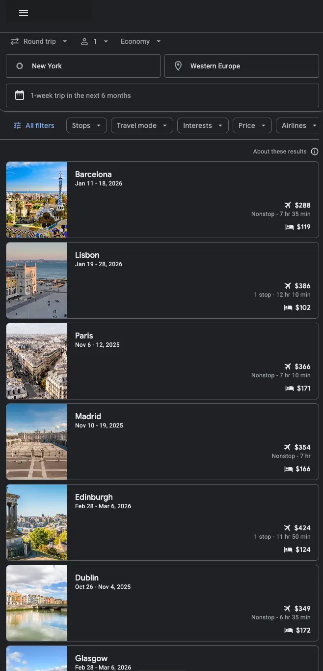 Example with departure_id: /m/02_286 (New York City) and arrival_area_id: /m/0852h (Western Europe)