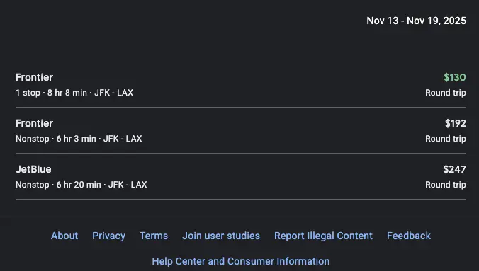 Example with departure_id: JFK and arrival_id: LAX