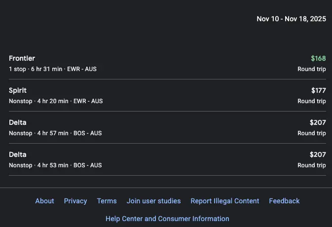 Example with multiple departure_id: /m/02_286,/m/01cx_ and arrival_id: AUS