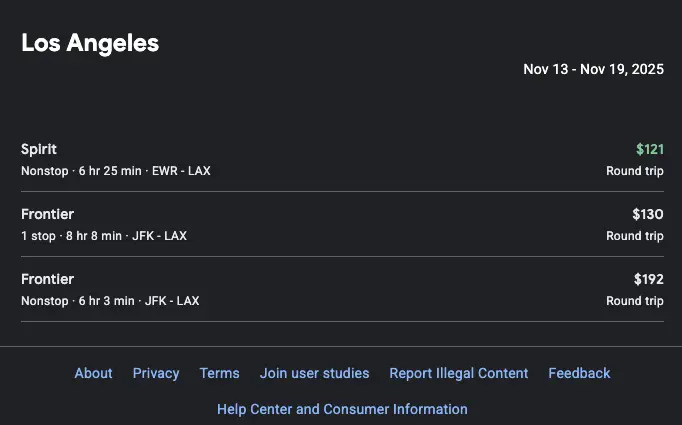 Example with departure_id: /m/02_286 (New York City) and arrival_id: /m/030qb3t (Los Angeles)