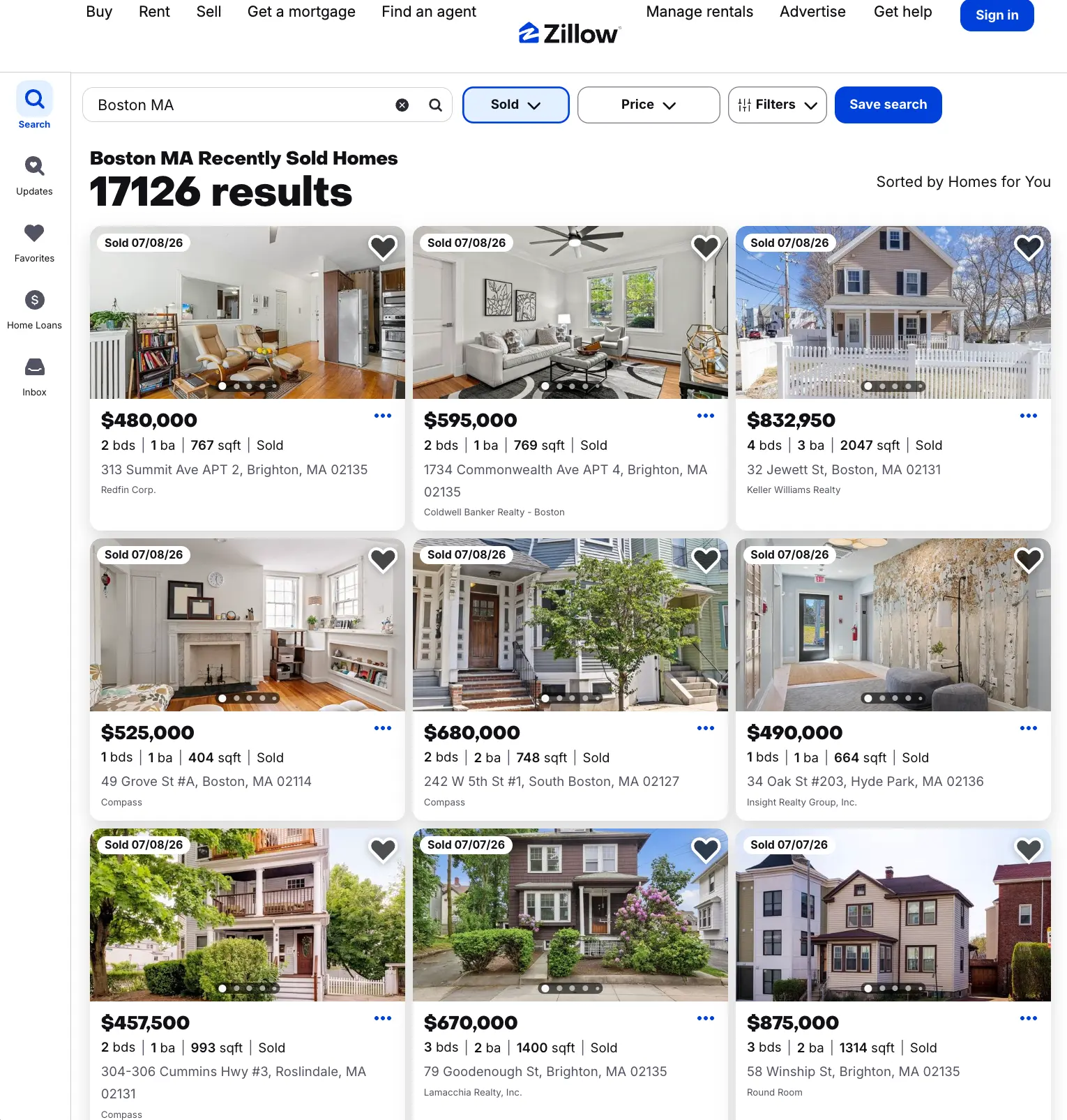 Sold properties with  status_type: sold (Boston, MA)