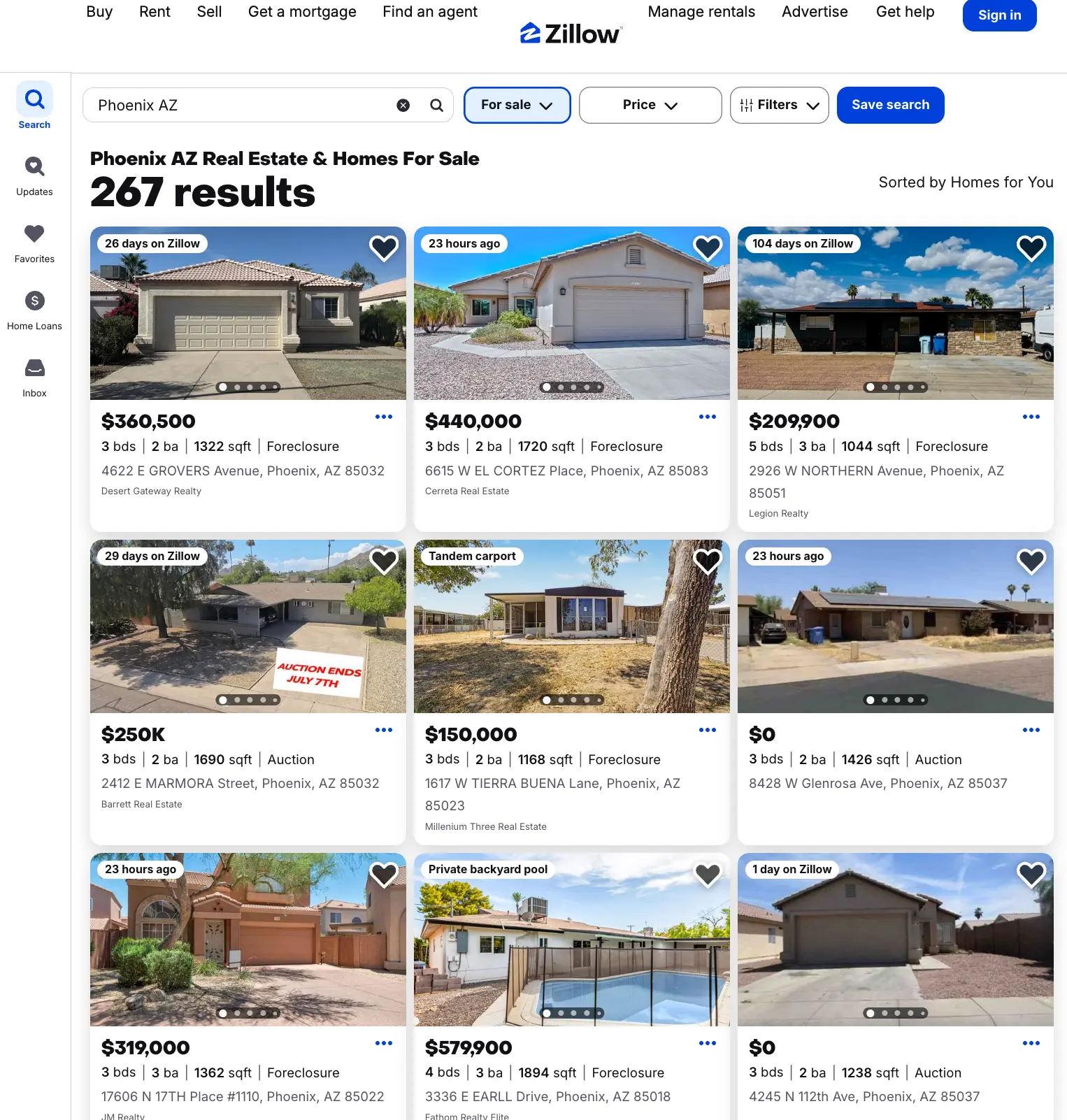 Foreclosures and auctions with  listing_type (Phoenix, AZ)