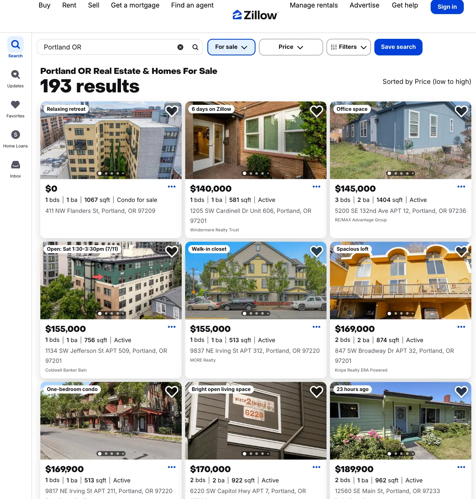 Cheapest listings first with  sort_by and  time_on_zillow (Portland, OR)